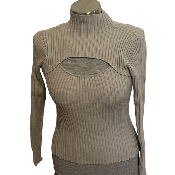 Gray Ribbed Open Window Long Sleeve Mock Neck Sweater - Picture 2 of 5